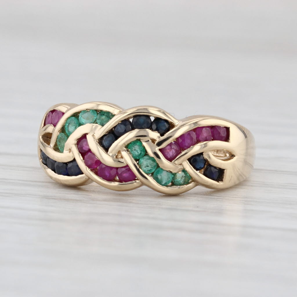 0.84ctw Ruby Sapphire Emerald Woven Knot Ring 14k Yellow Gold Size 7 Stackable