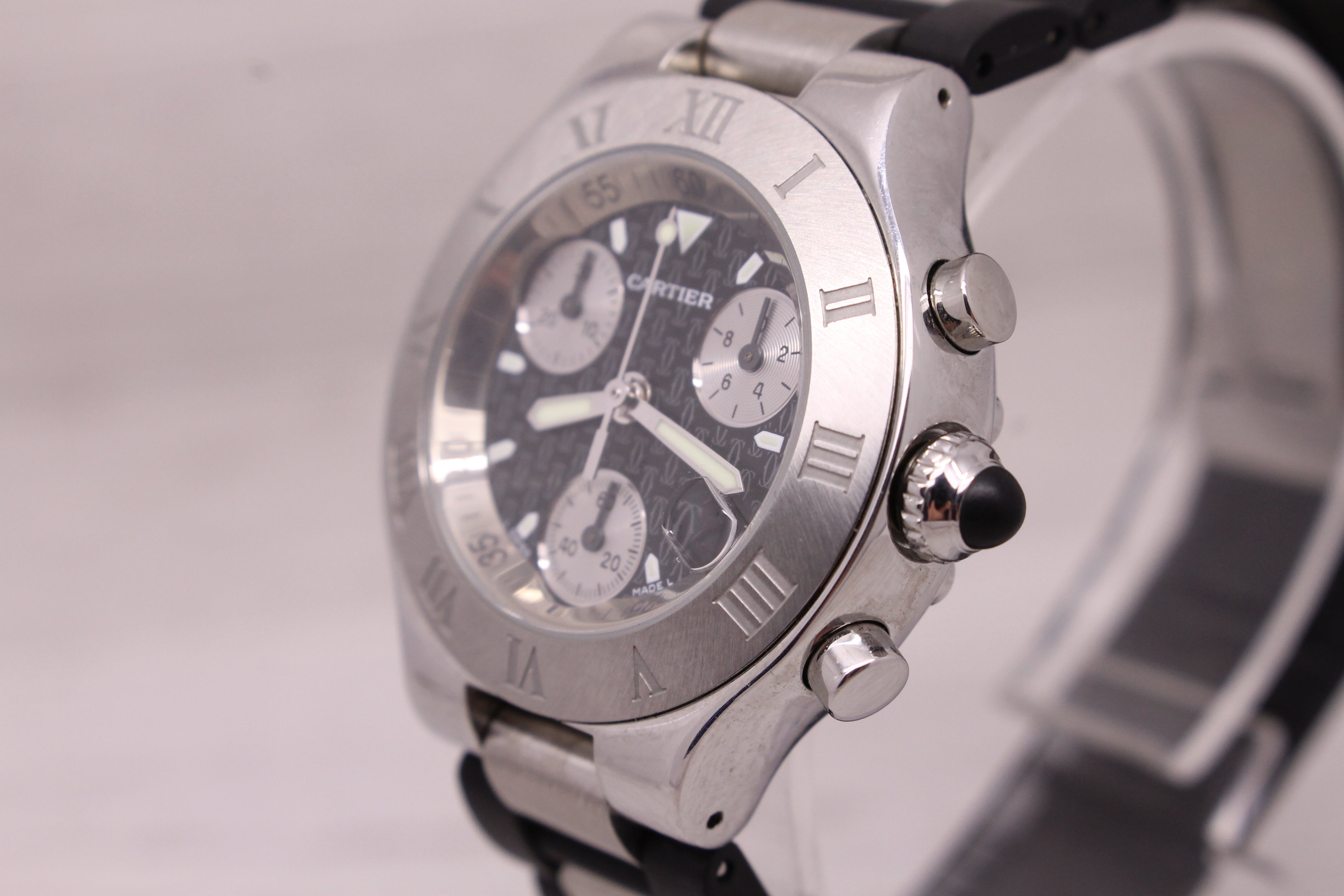 Dark Gray Cartier Chronoscaph 32mm Ladies Steel Quartz Chronograph Watch w/ Strap ref.2996