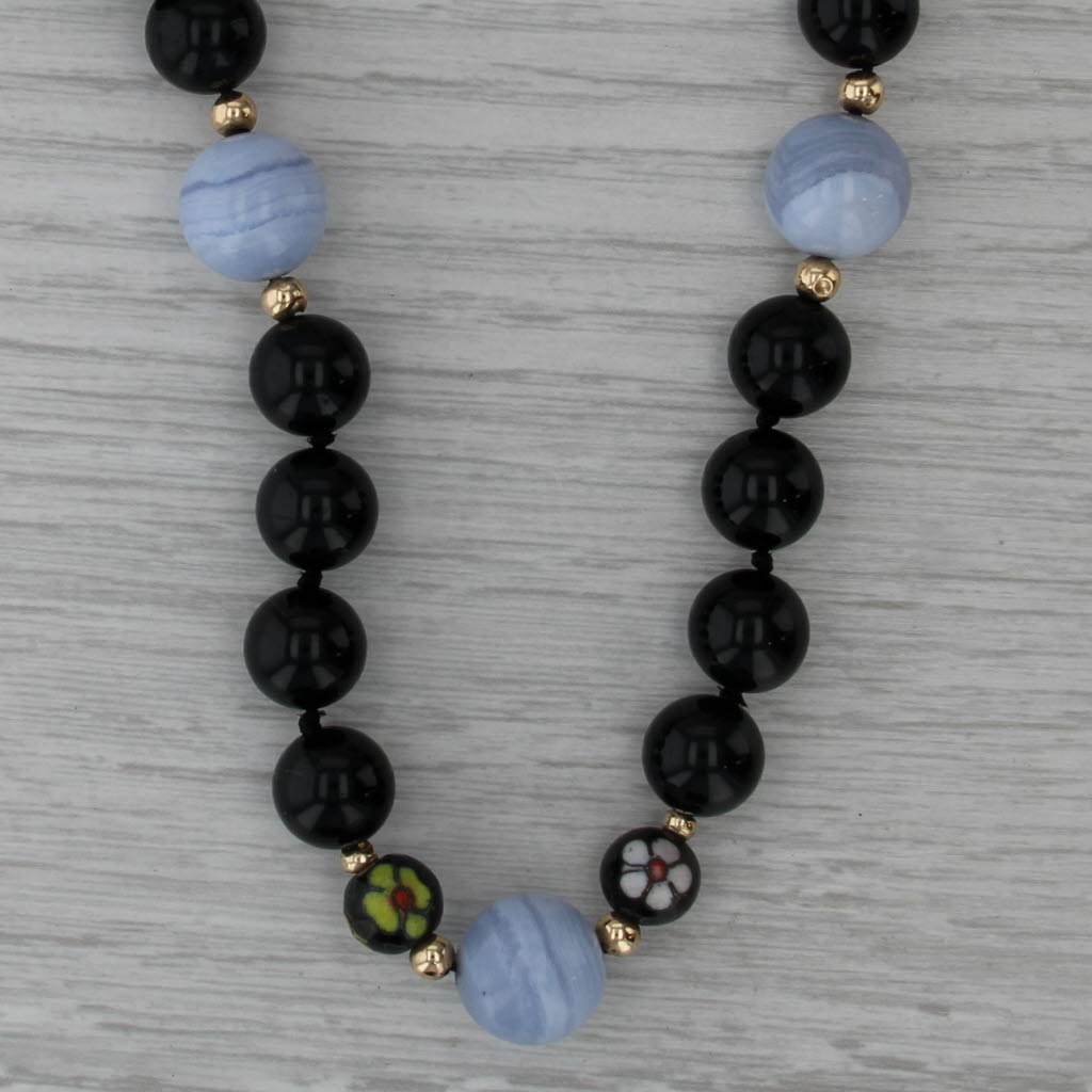 Onyx Agate Cloisonne Bead Strand Necklace 14k Gold 18" Statement