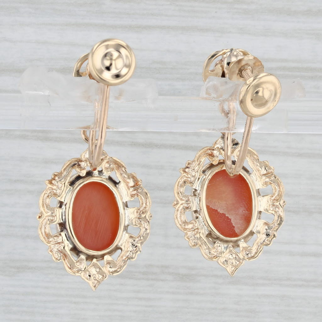 Light Gray Cameo Carved Shell Lab Created Ruby Dangle Earrings 10k Yellow Gold Screw Back