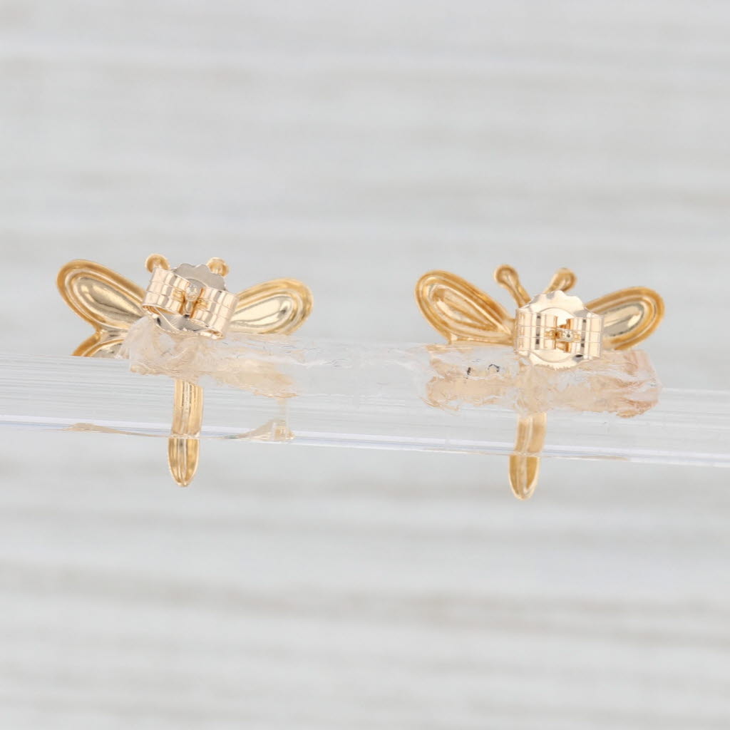 Light Gray Dragonfly Stud Earrings 14k Yellow Gold Blue Enamel Insect Jewelry