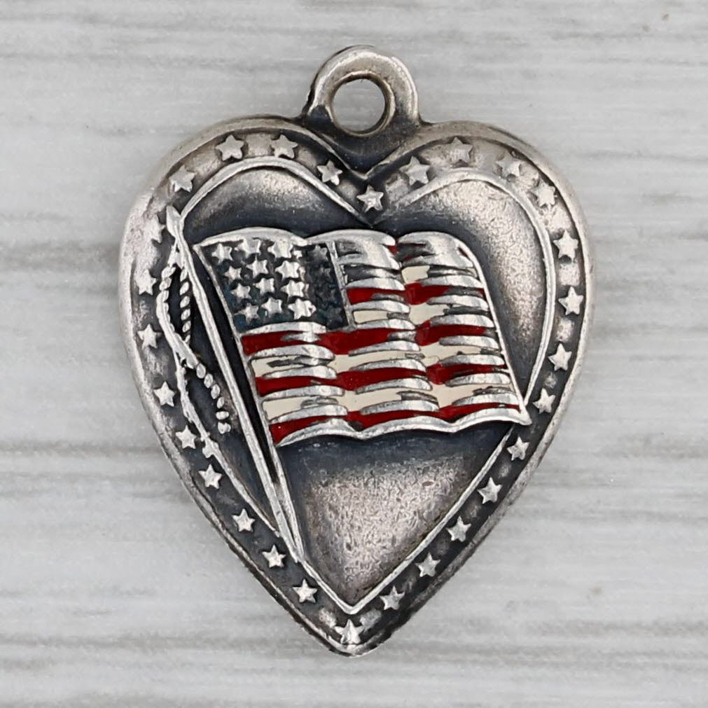 Gray American Flag Puffy Heart Charm Sterling Silver Vintage Engraved Keepsake