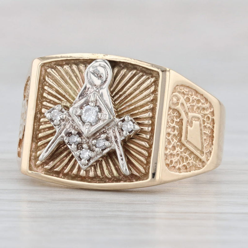 Light Gray Diamond Masonic Signet Ring 14k Gold Size 10.5 Square Compass Blue Lodge