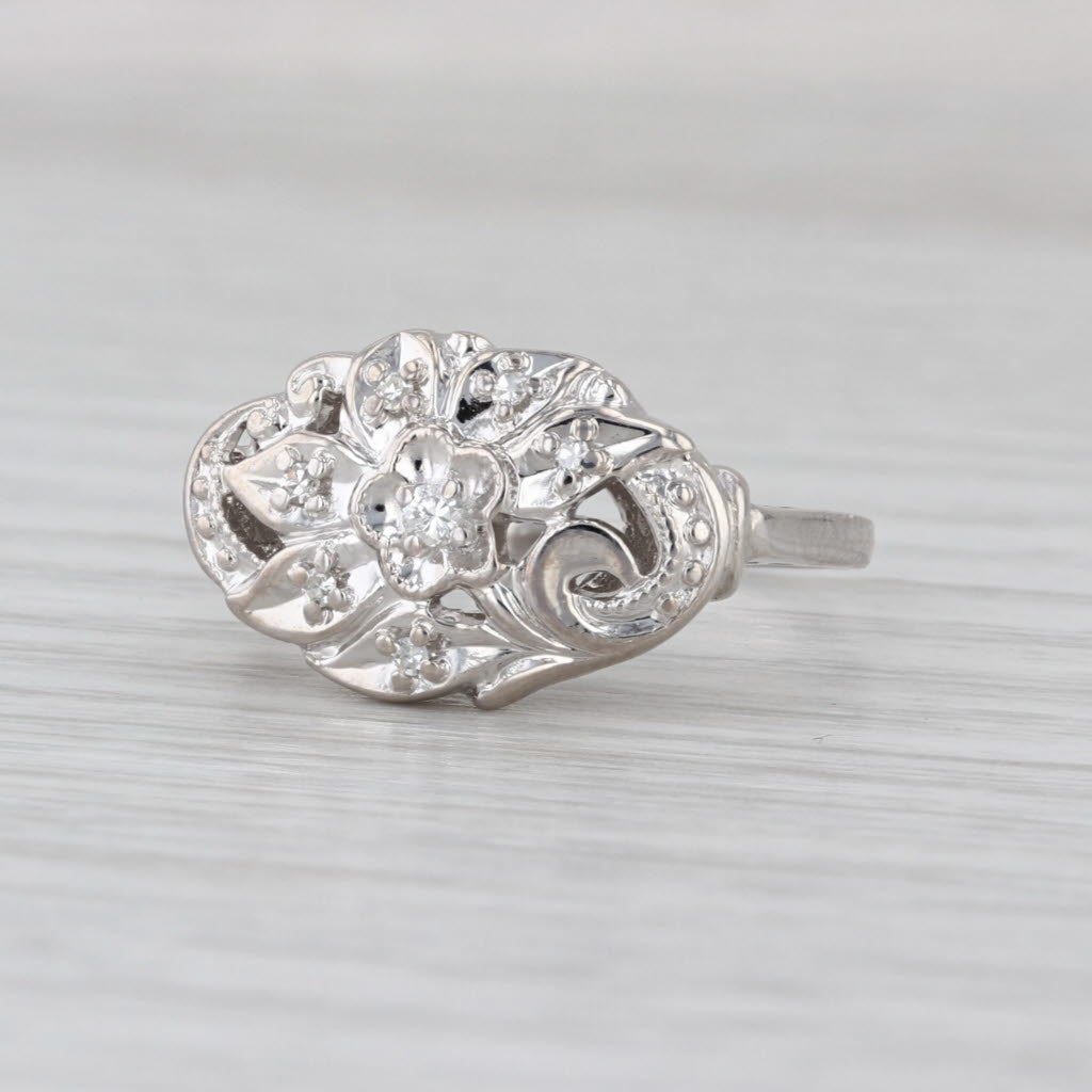 Vintage Ornate Floral Diamond Ring 14k White Gold Size 7.75
