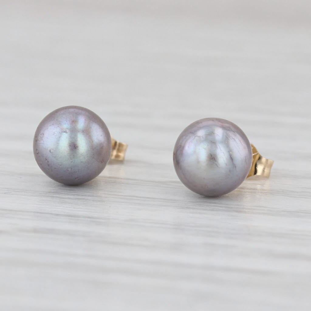 6.2-6.3mm Black Cultured Pearl Stud Earrings 14k Yellow Gold Bead Studs