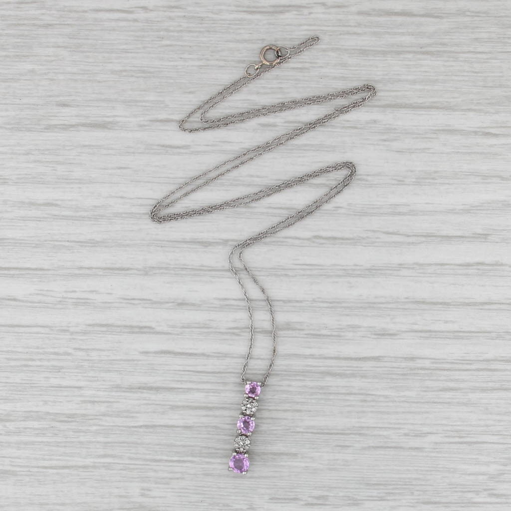 0.77ctw Pink Sapphire Diamond Journey 3-Stone Pendant Necklace 14k White Gold