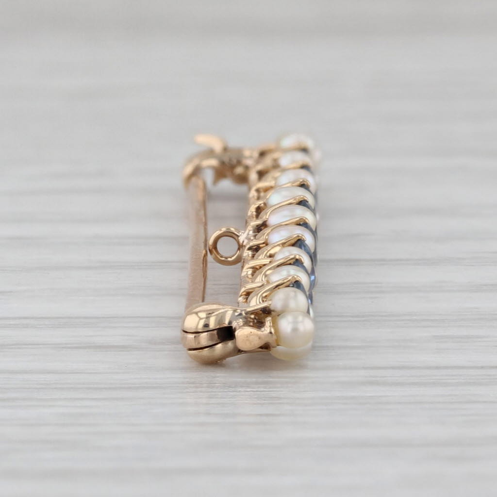 Seed Pearl Lab Created Blue Sapphire Bar Brooch 14k Yellow Gold Pin
