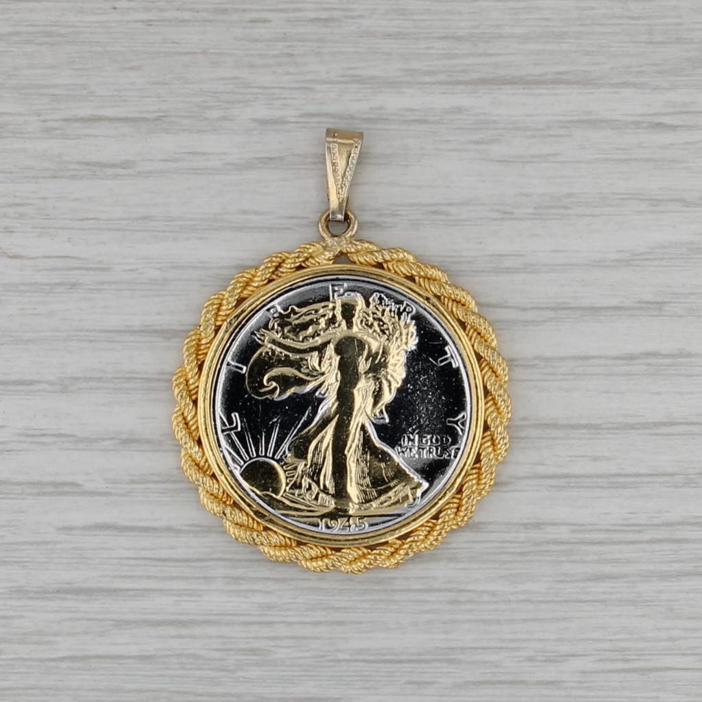 1945 Half Dollar Walking Liberty Eagle Coin Pendant 90% Silver Gold Toned Bezel