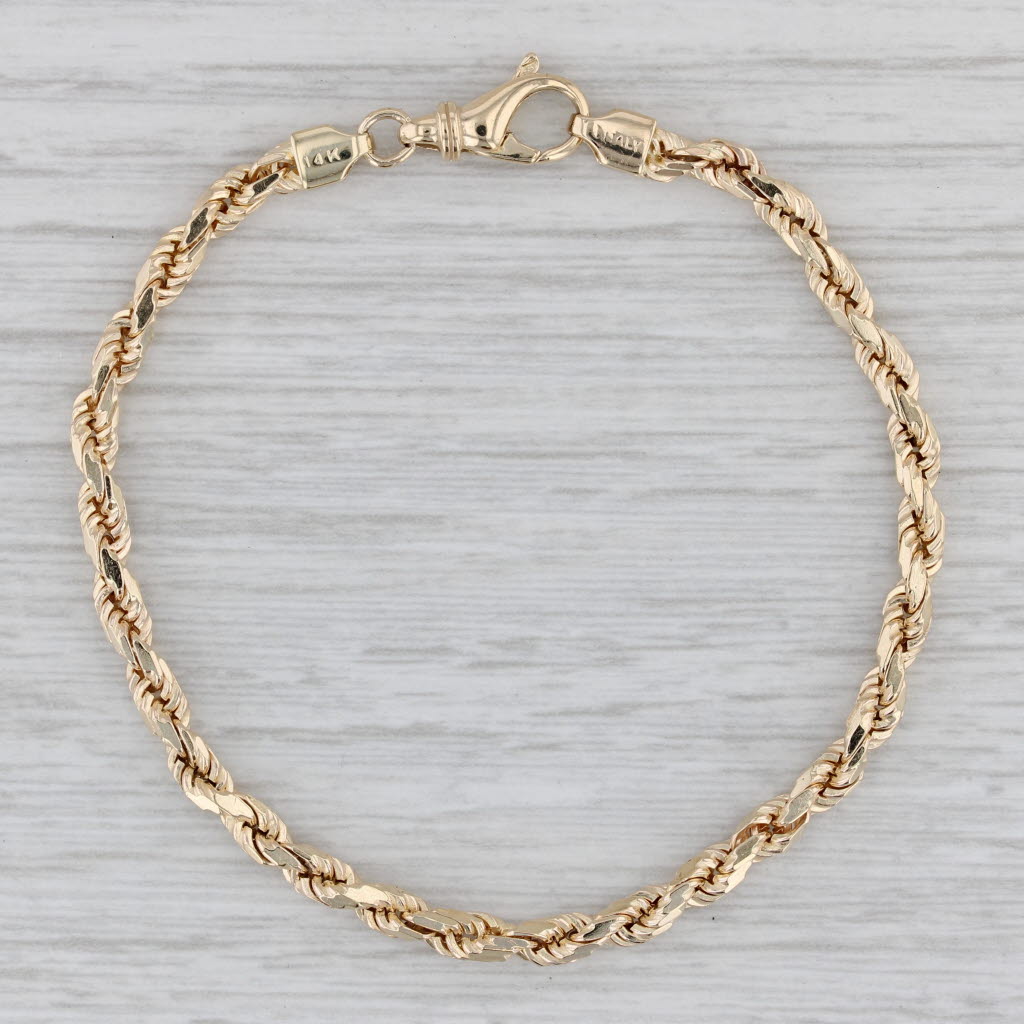 Gray Rope Chain Bracelet 14k Yellow Gold Lobster Clasp 7" 3.5mm