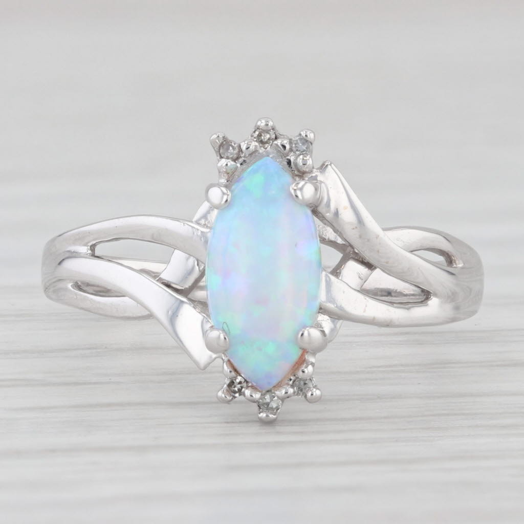 Light Gray Lab Created Opal Diamond Bypass Ring 10k White Gold Size 6.5 Marquise Cabochon