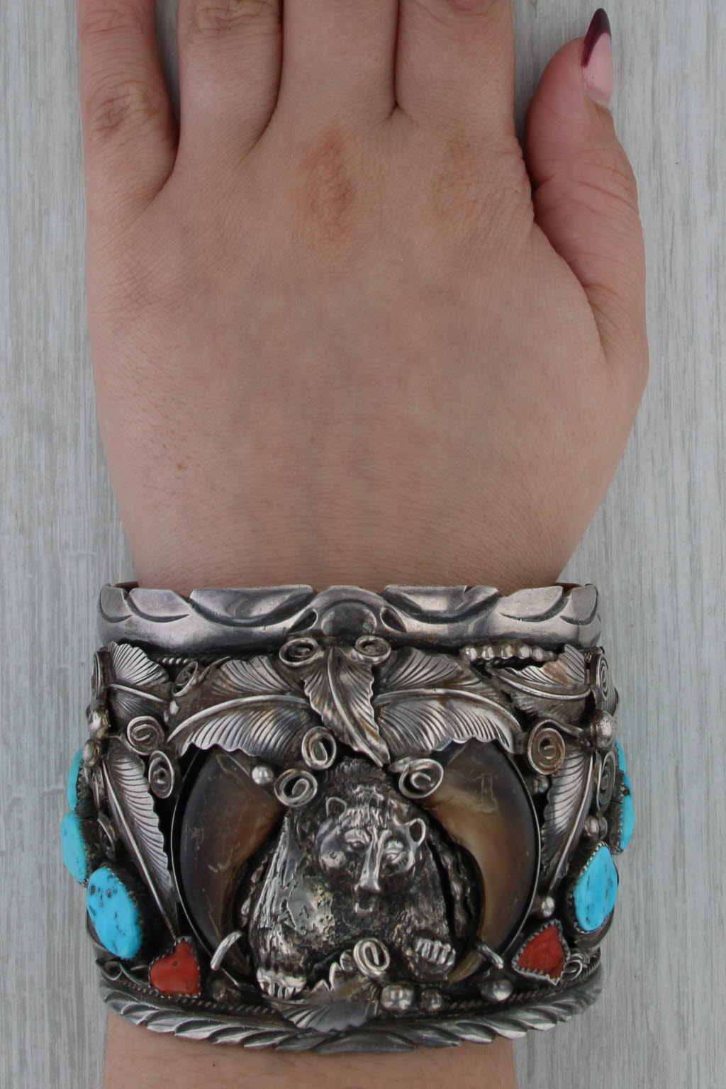 M Thomas Jr Navajo Native American Bear Claw Tribal Cuff Bracelet Sterling