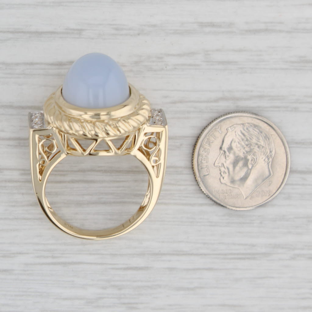 Gray Blue Chalcedony Diamond Ring 14k Yellow Gold Size 8.5 Oval Cabochon