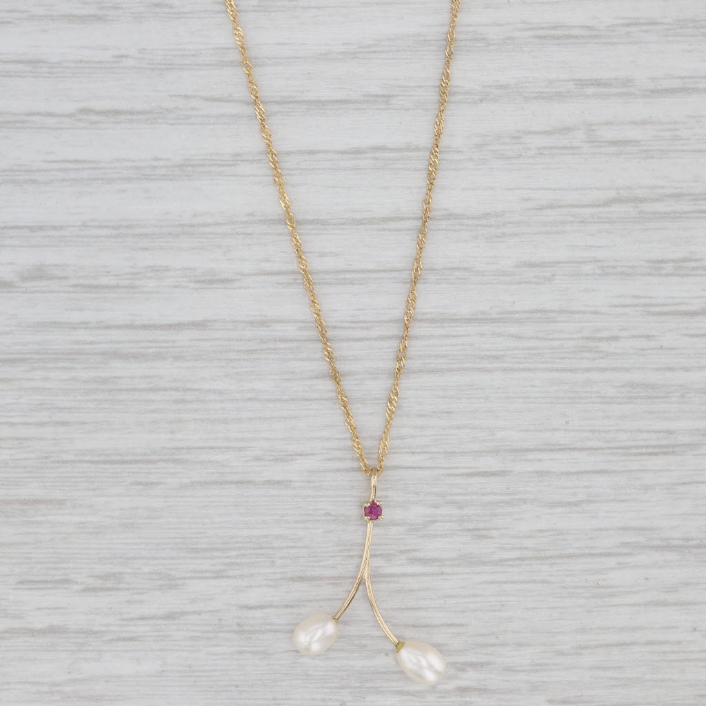 Light Gray Cultured Pearl Ruby Pendant Necklace 14k Yellow Gold 18" Singapore Chain