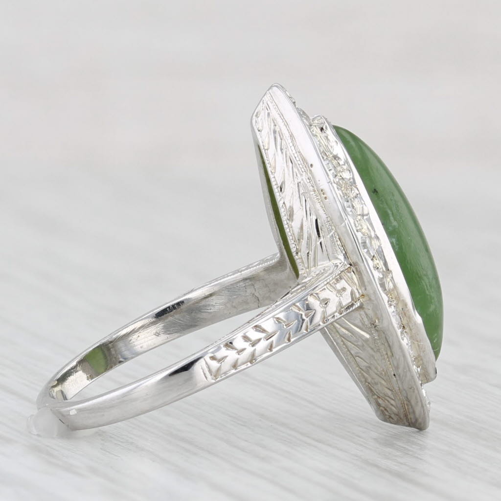 Light Gray Nephrite Navette Cabochon 0.27ctw Diamond Halo Ring 18k White Gold Size 4.5