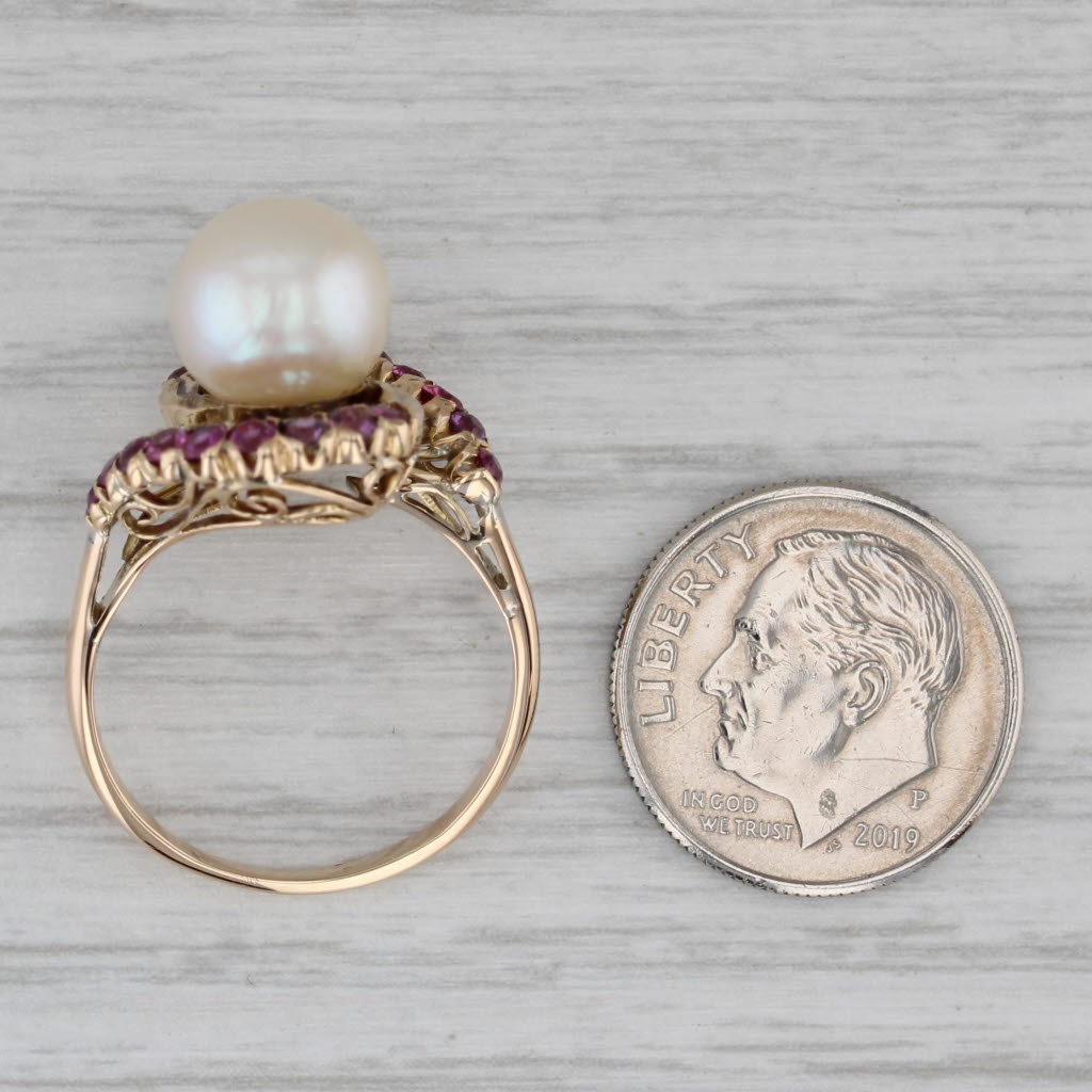 Gray Retro Cultured Pearl Ruby Ring 14k Yellow Gold Size 7.25 Cocktail