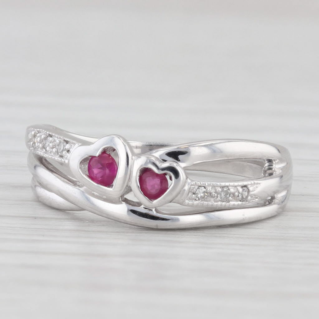 Light Gray 0.14ctw 2-Heart Ruby Diamond Ring 10k White Gold Size 6.5 Bypass