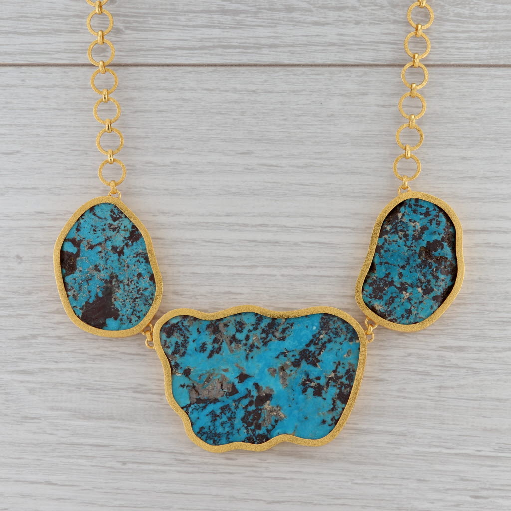 New Nina Wynn Turquoise Statement Necklace Sterling Gold Vermeil 19.5"