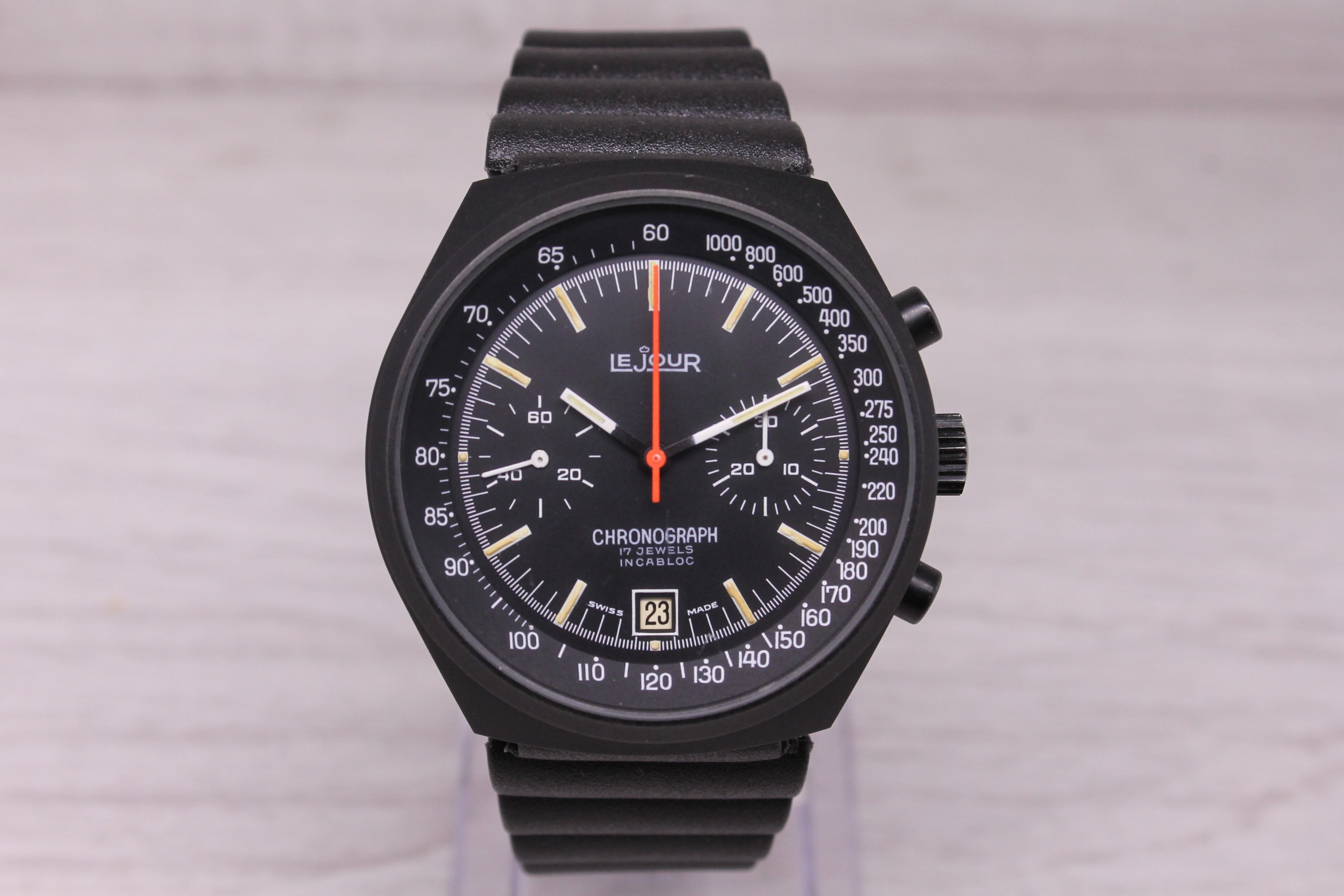 Vintage LeJour 40mm Black PVD Manual Wind Chronograph Valjoux 7734 - Near Mint -