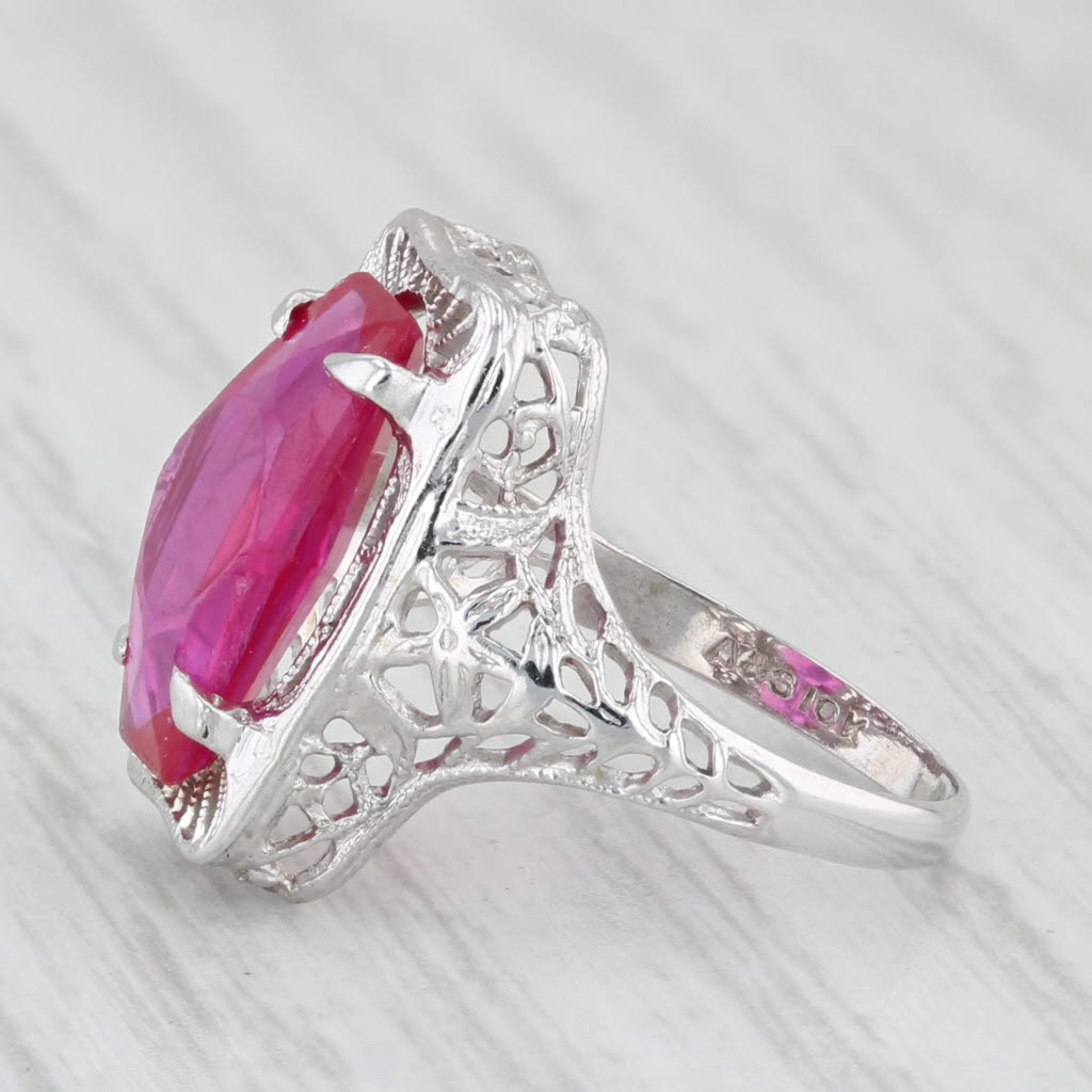 Light Gray Vintage 2.90ct Lab Created Ruby Solitaire Ring 10k White Gold Filigree Size 3.25