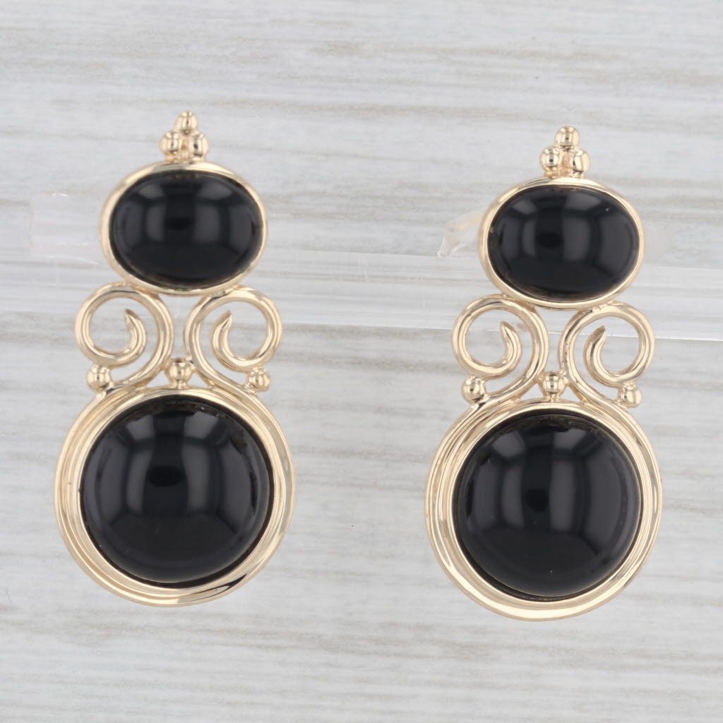 Light Gray Black Onyx Drop Earrings 14k Yellow Gold Vintage