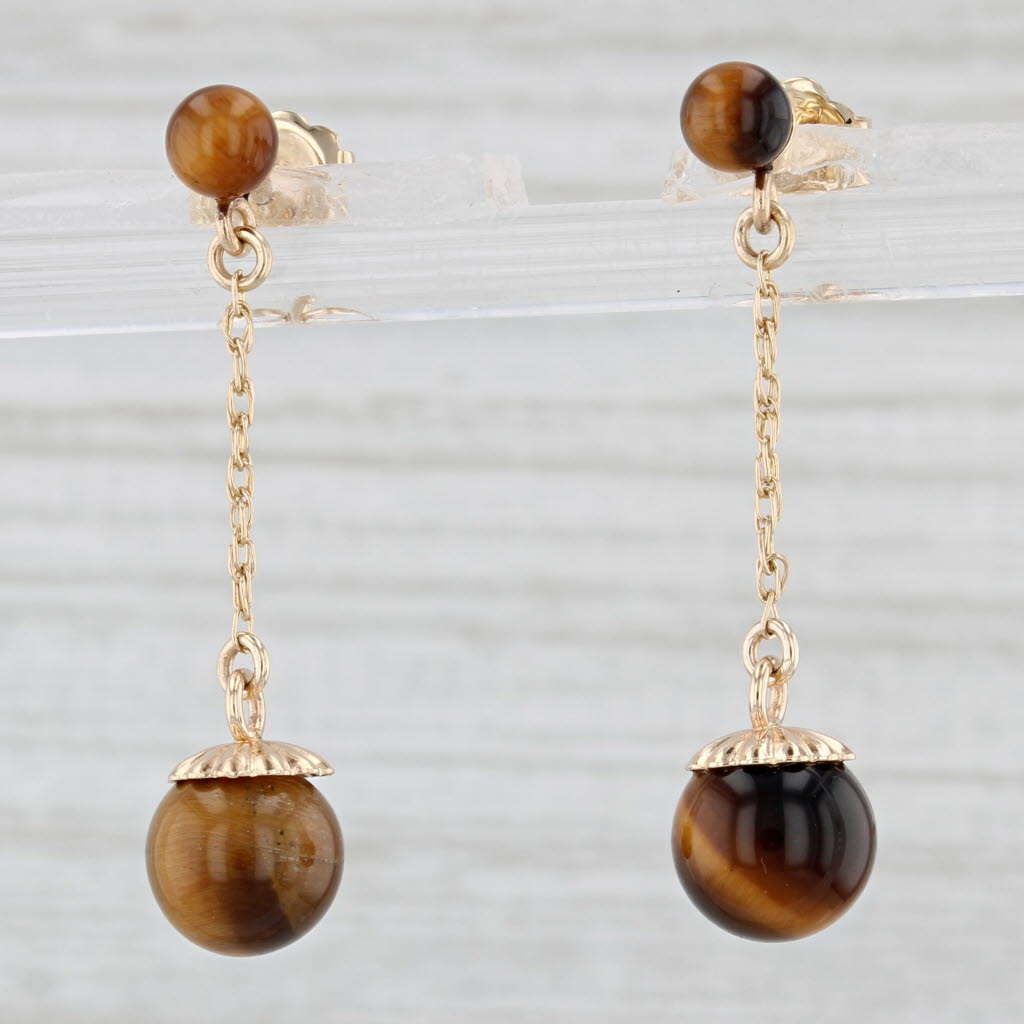 Light Gray Tiger's Eye Dangle Earrings 14k Yellow Gold Brown Bead Drops