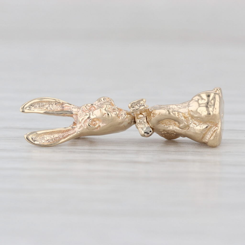 Small Bunny Rabbit in Bow Tie Charm 14k Yellow Gold 3D Pendant Head Moves