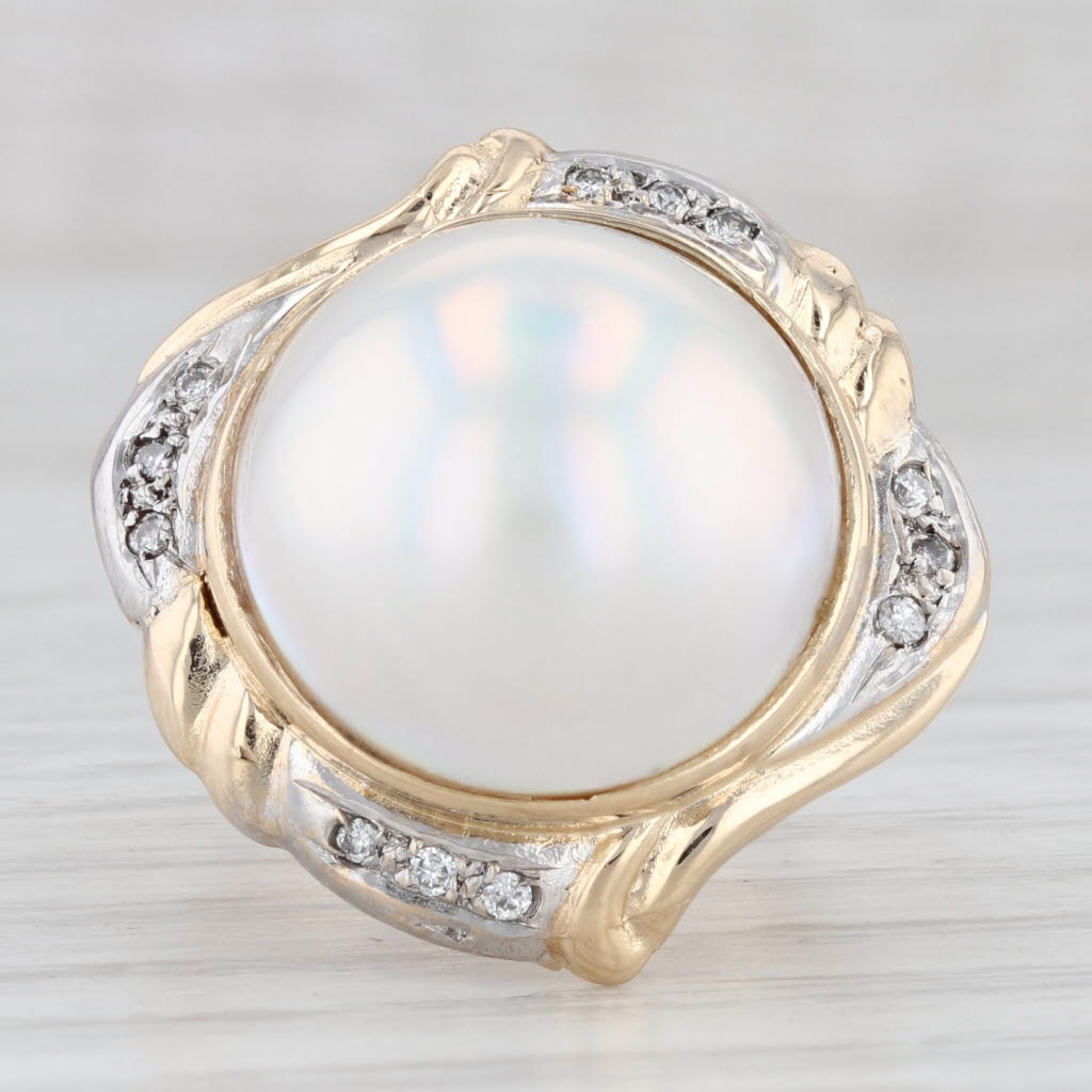 Light Gray Cultured Made Pearl Diamond Halo Ring 14k Yellow Gold Size 5.5 Cocktail