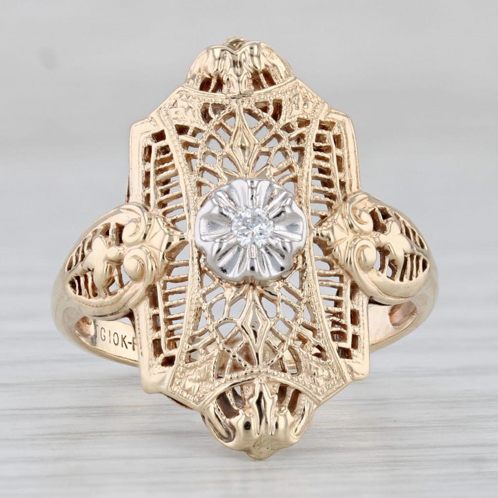 Light Gray Vintage Diamond Filigree Ring 10k Yellow Gold Size 7.25