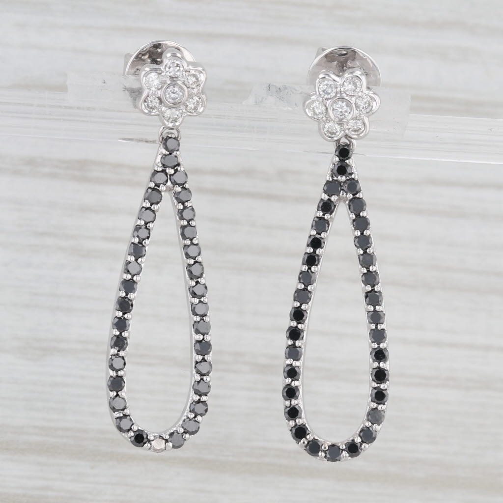 Light Gray 1.20ctw Black White Diamond Flower Teardrop Dangle Earrings 18k White Gold