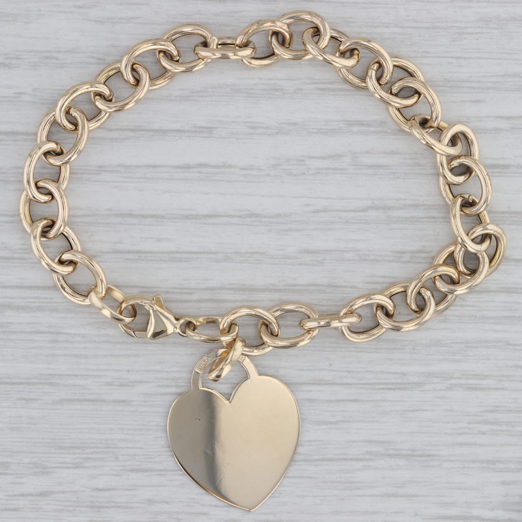 Gray Engravable Heart ID Tag Charm Bracelet 14k Yellow Gold Cable Chain 7.75"