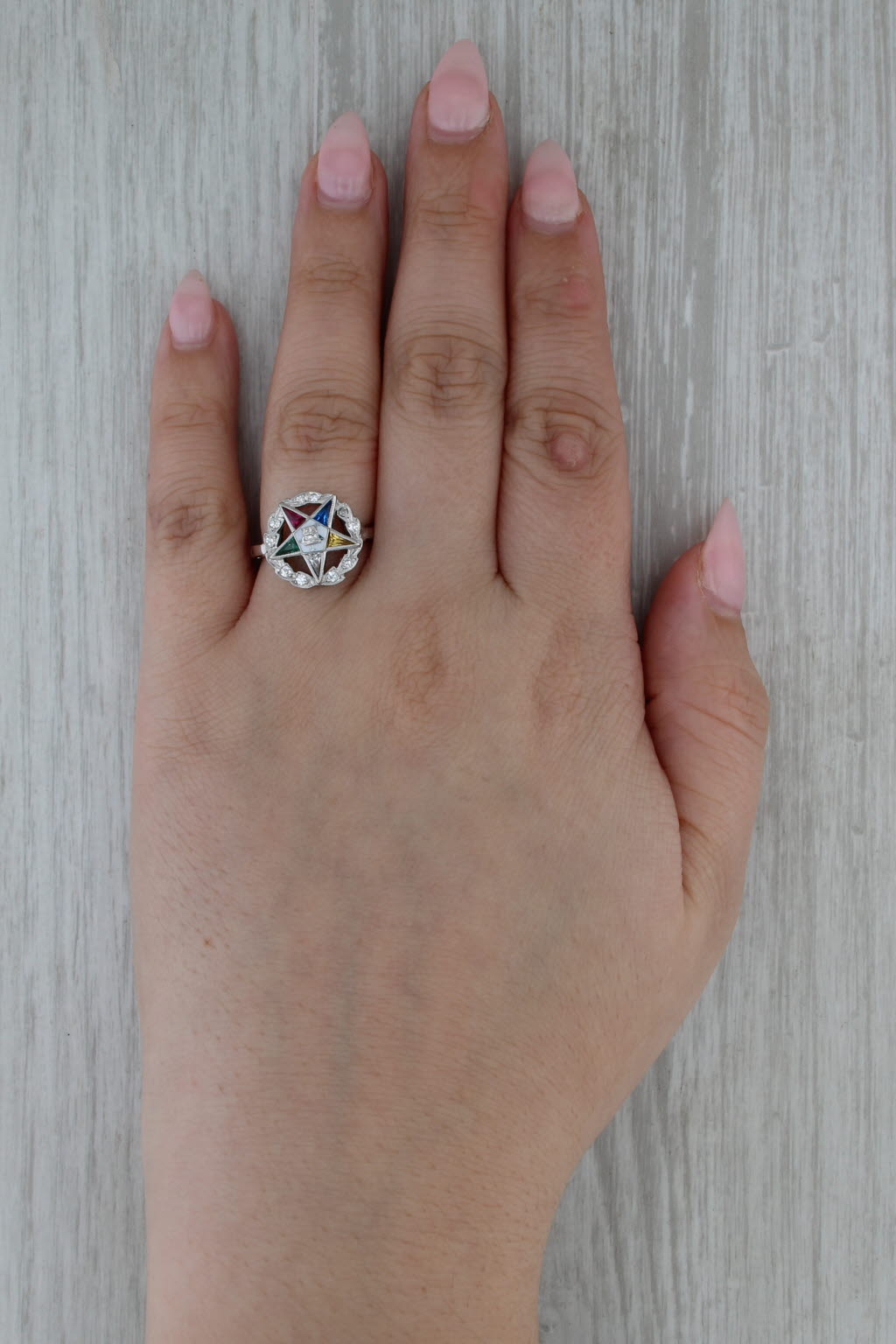 Masonic Order Eastern Star Signet Ring 14k White Gold Size 5 Arthritc Shank