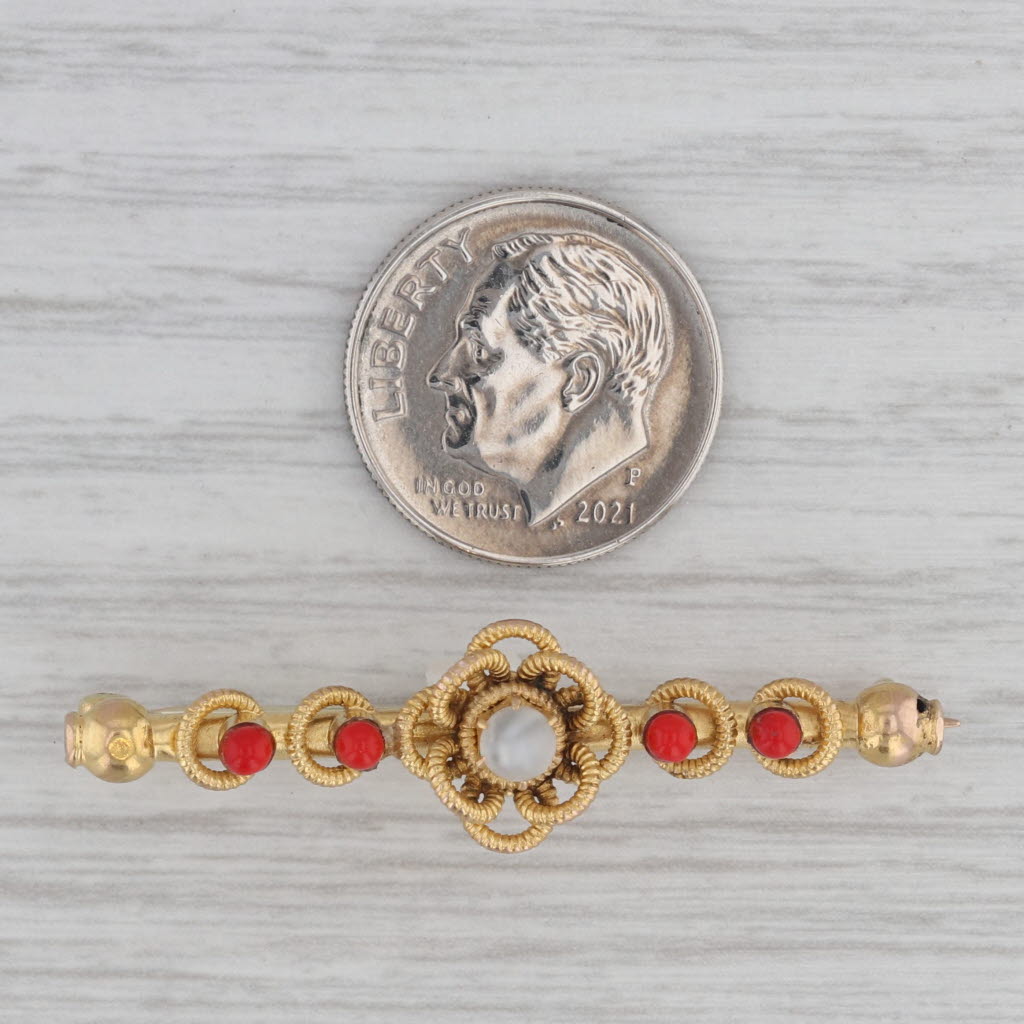 Gray Antique Cats Eye Red Glass Beads Floral Bar Pin 14k-18k Yellow Gold Brooch