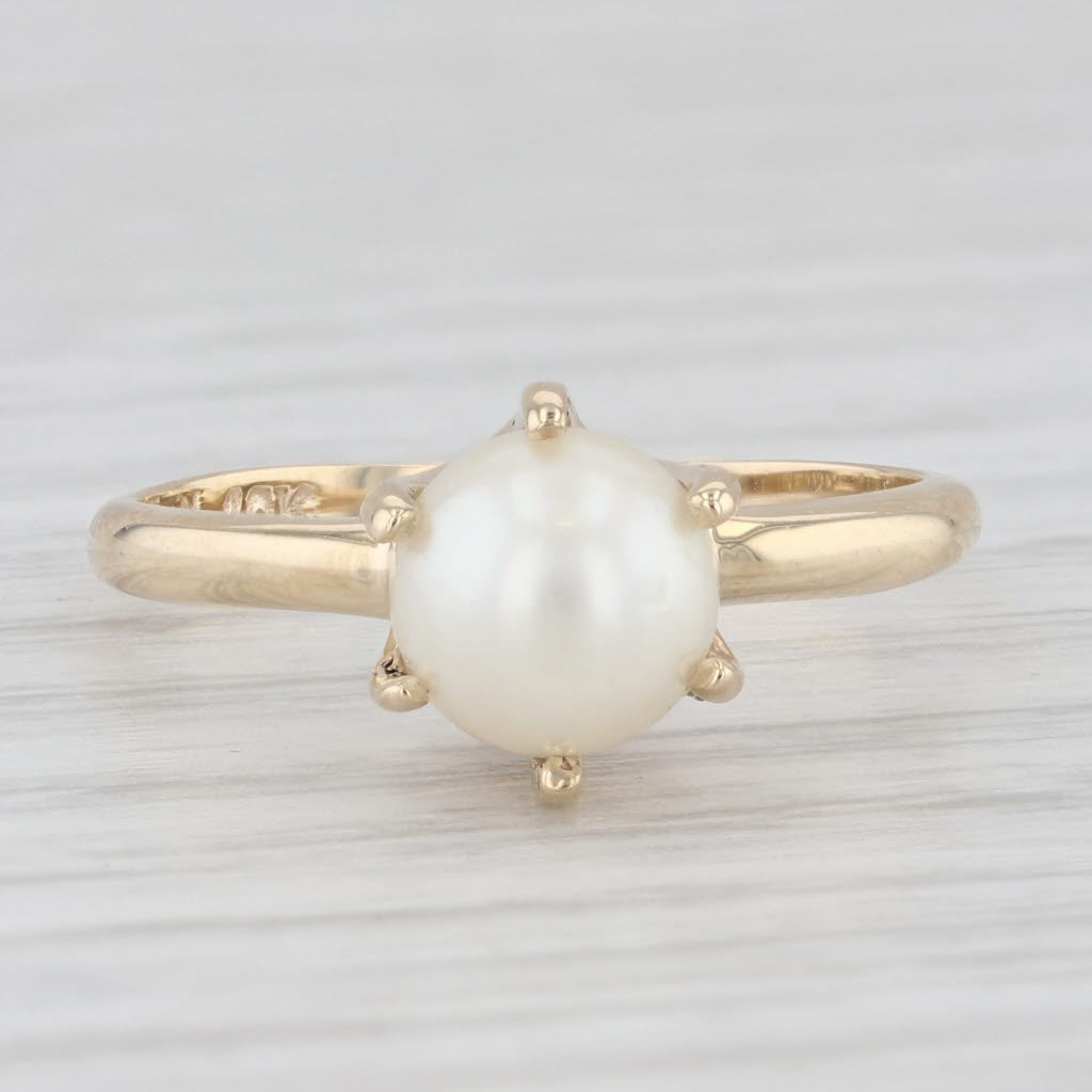 Light Gray Vintage Cultured Pearl Solitaire Ring 10k Yellow Gold Size 6.25