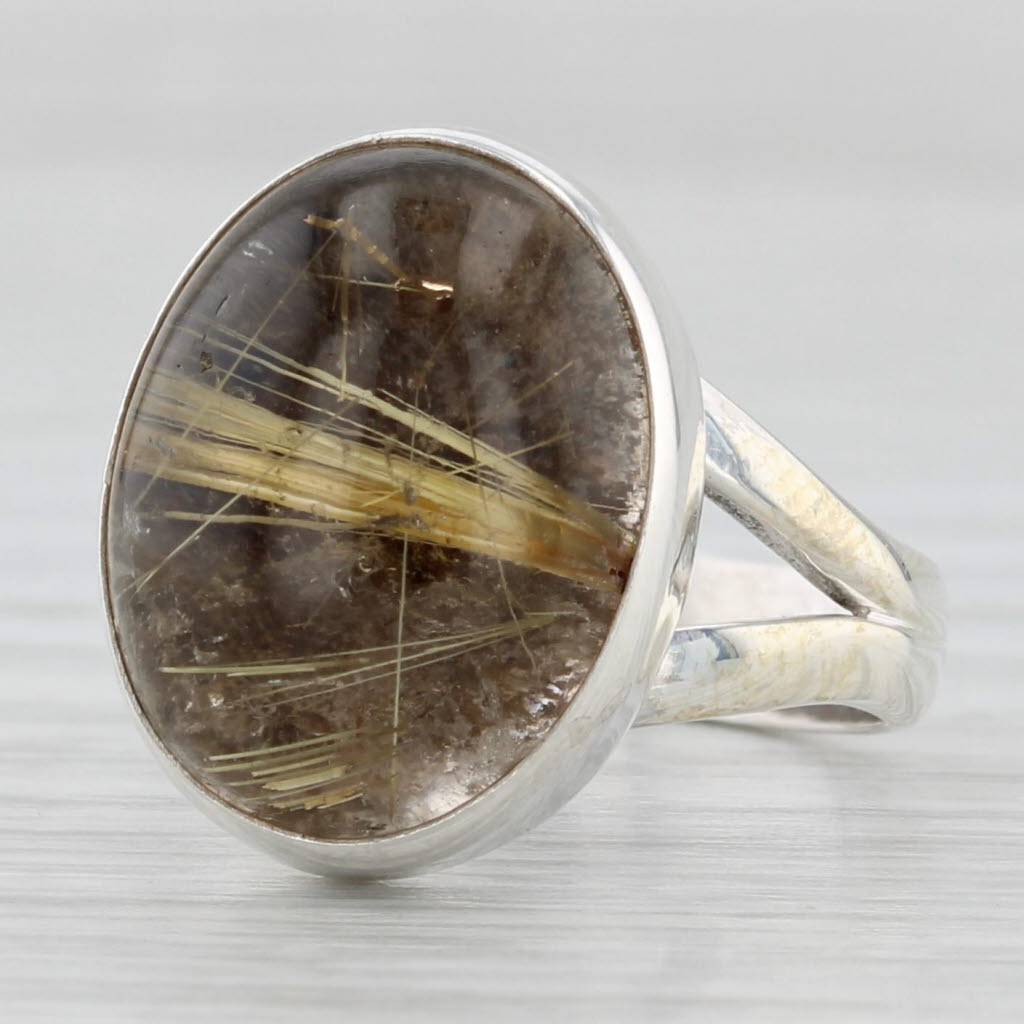 Light Gray Rutilated Quartz Oval Cabochon Solitaire Ring Sterling Silver Size 6.75-7