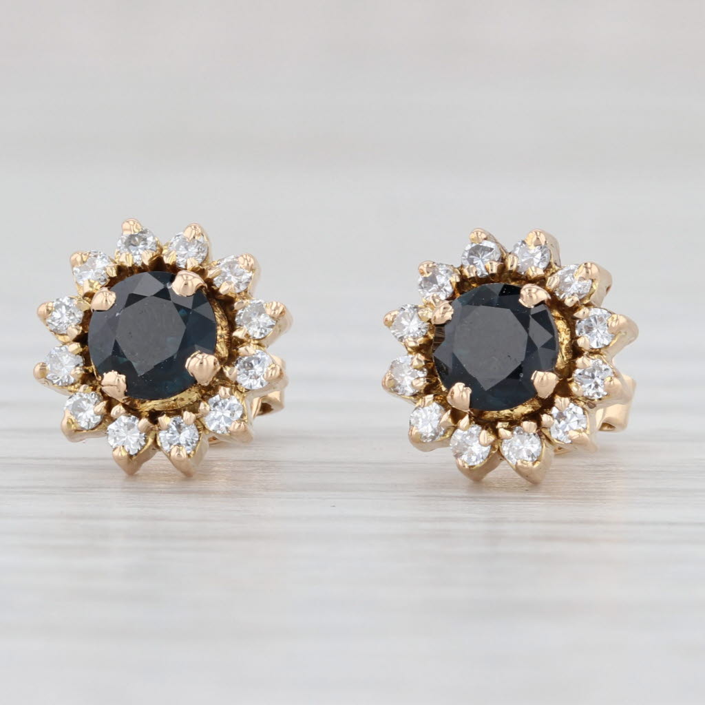 Light Gray 1.44ctw Blue Sapphire Diamond Halo Stud Earrings 18k Yellow Gold