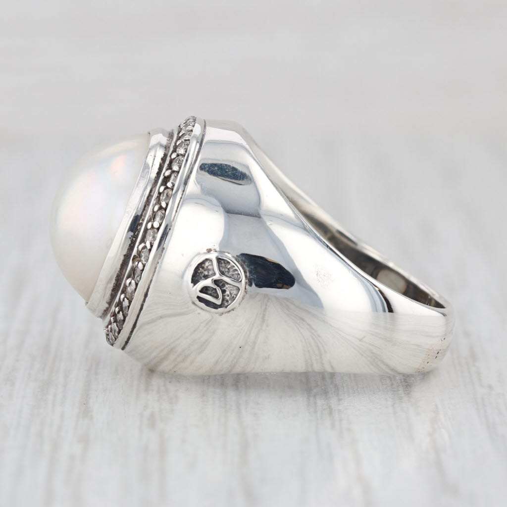 David Yurman Cultured Mabe Pearl Diamond Halo Ring Sterling Silver Size 9