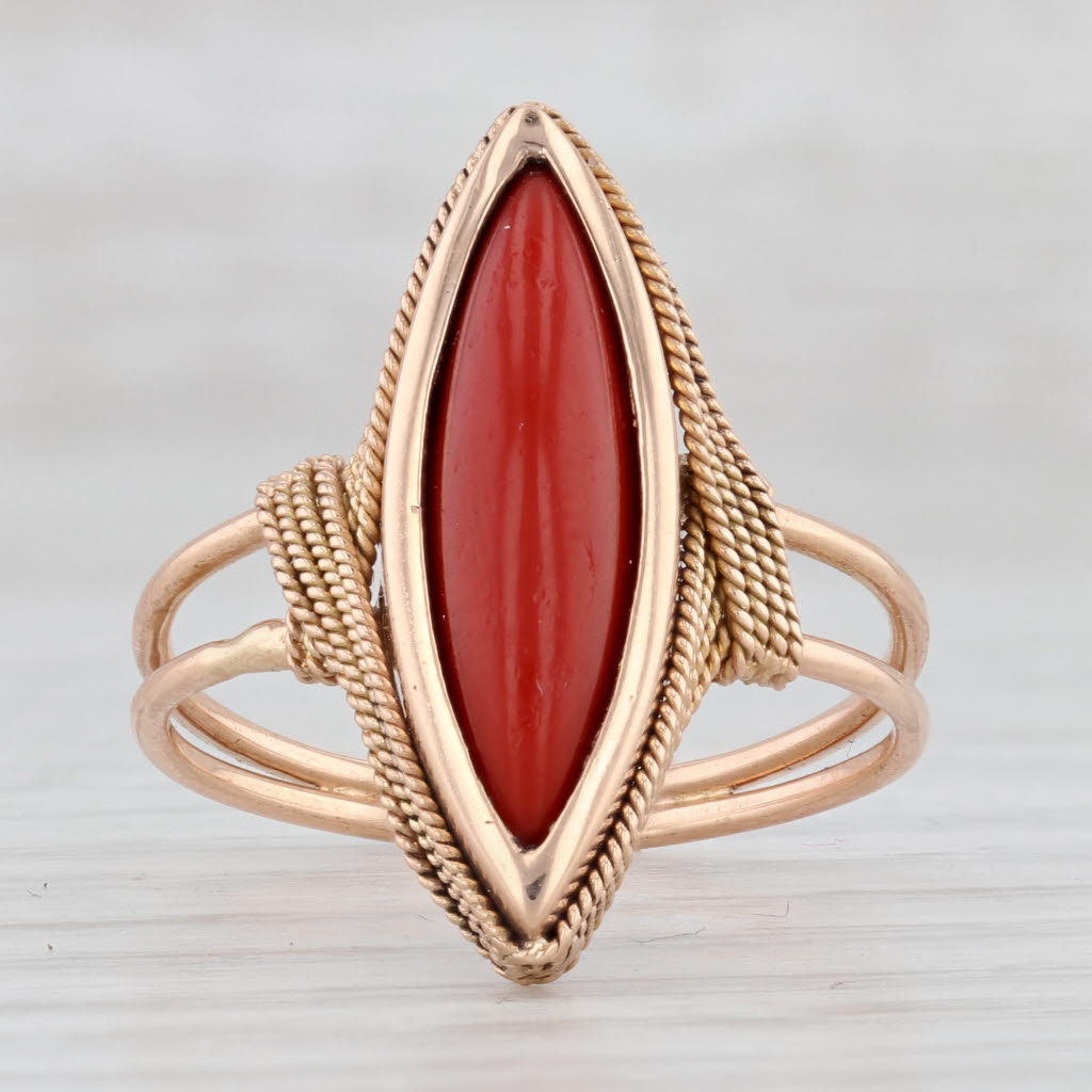 Light Gray Vintage Red Glass Marquise Ring 18k Yellow Gold Size 8.5