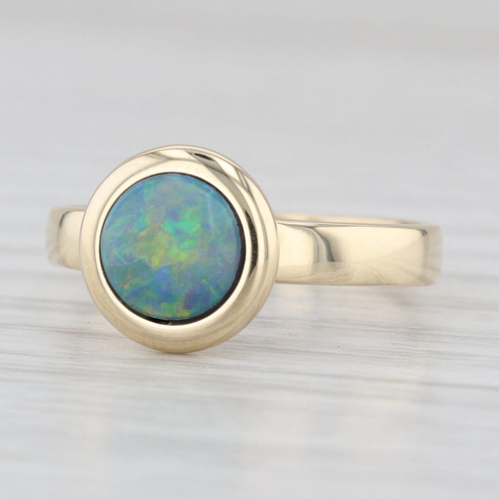 Round Blue Green Assembled Opal Ring 14k Yellow Gold Size 7