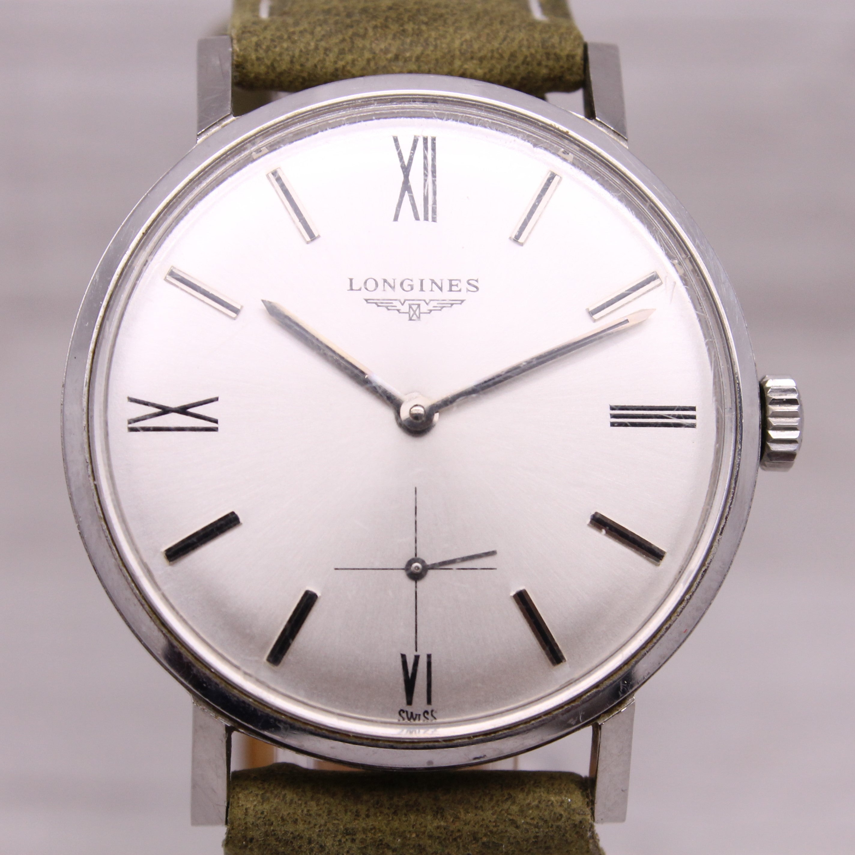 Gray Vintage c.1967 Longines 35mm Stainless Steel Manual Mens Watch ORIGINAL Dial 302