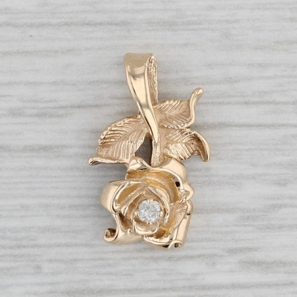 Diamond Solitaire Blooming Rose Pendant 14k Yellow Gold Flower Small Drop