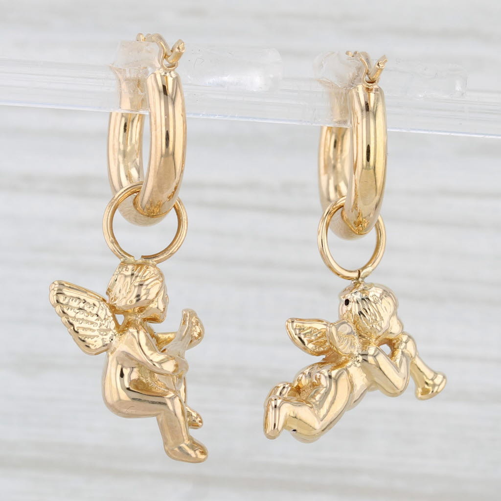 Light Gray Heraldic Cherub Dangle Hoop Earrings 18k Gold Guardian Angel Charms on Hoops