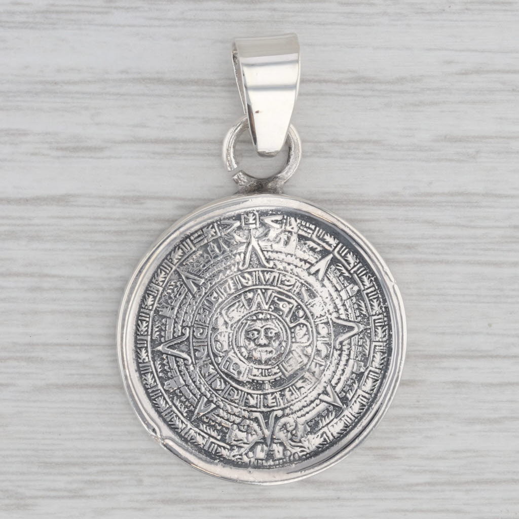 Gray Aztec Sun Calendar Coin Medallion Pendant Sterling Silver