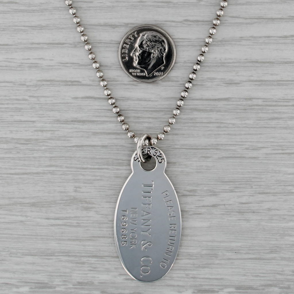 Engravable Tiffany & CO ID Tag Pendant Necklace Sterling Silver 34" Bead Chain