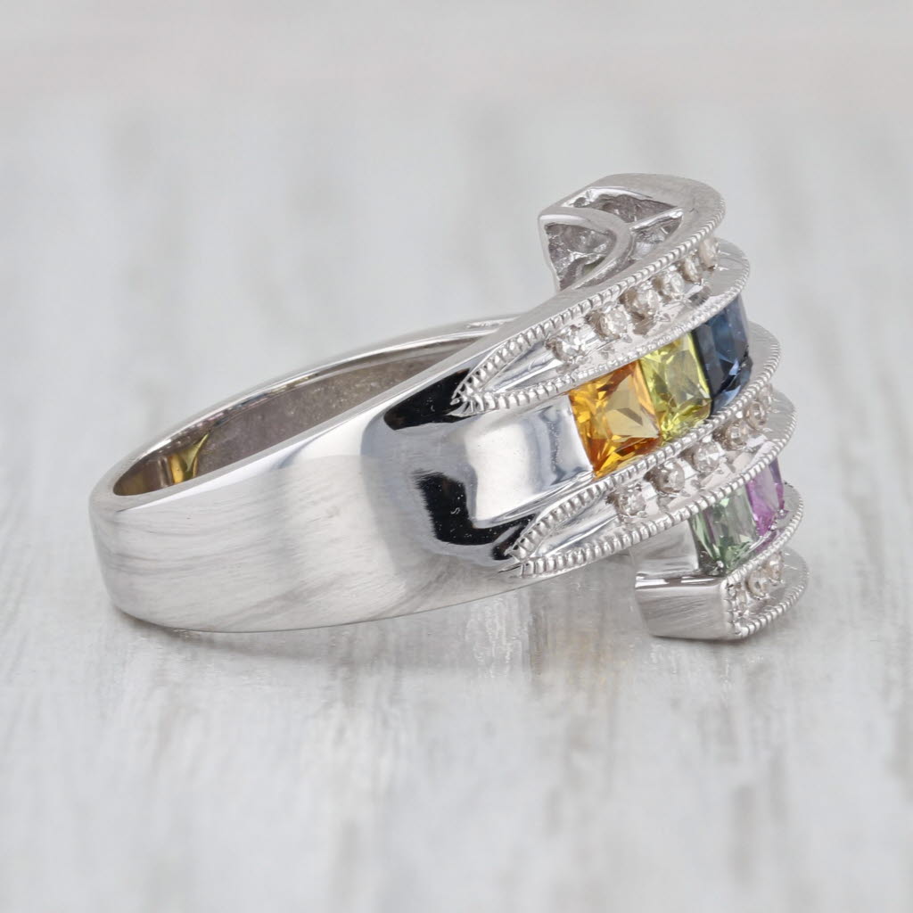 2.38ctw Multicolor Sapphire Diamond Bypass Ring 14k White Gold Size 7-7.25