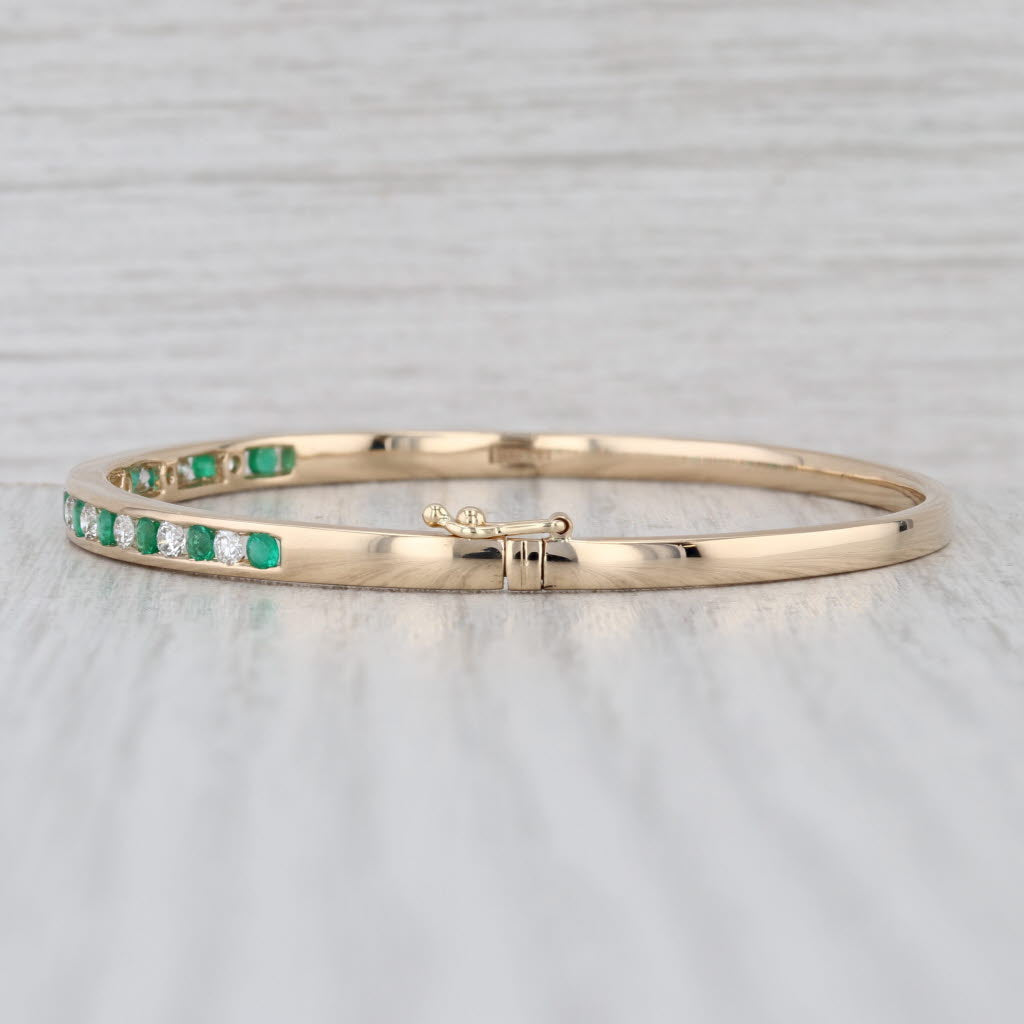 1.28ctw Emerald Diamond Bangle Bracelet 14k Yellow Gold 6.75" Hinged