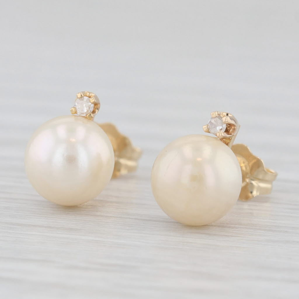 Light Gray Cultured Pearl Diamond Stud Earrings 10k Yellow Gold