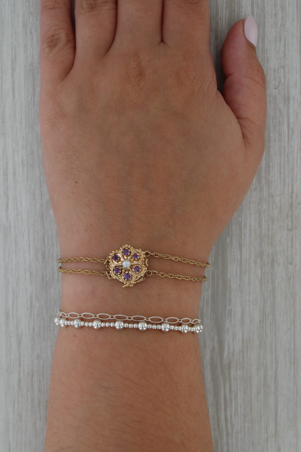 Amethyst Pearl Flower Clasp Double Chain Slide Charm Starter Bracelet 14k Gold