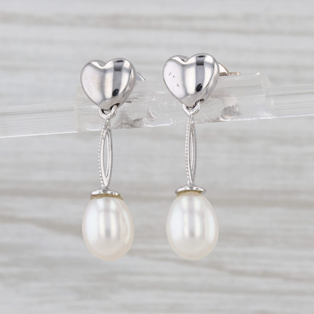 Cultured Pearl Heart Drop Earrings 14k White Gold Pieced Dangles