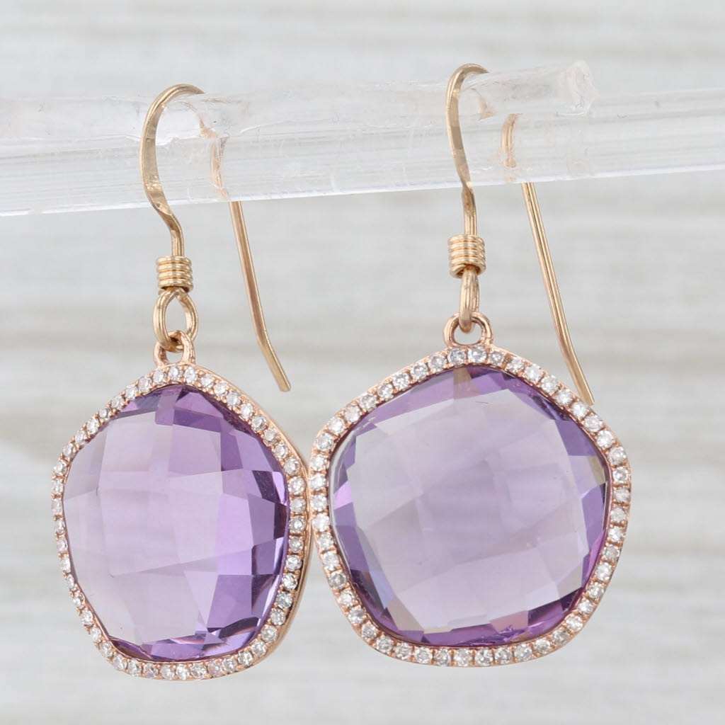 Amethyst 0.30ctw Diamond Halo Dangle Earrings 14k Yellow Gold Hook Posts