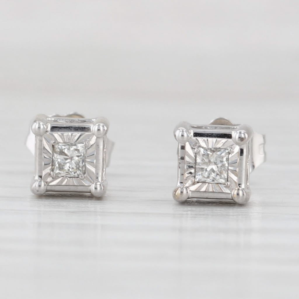 Light Gray 0.16ctw Princess Diamond Stud Earrings 14k White Gold Solitaire Studs